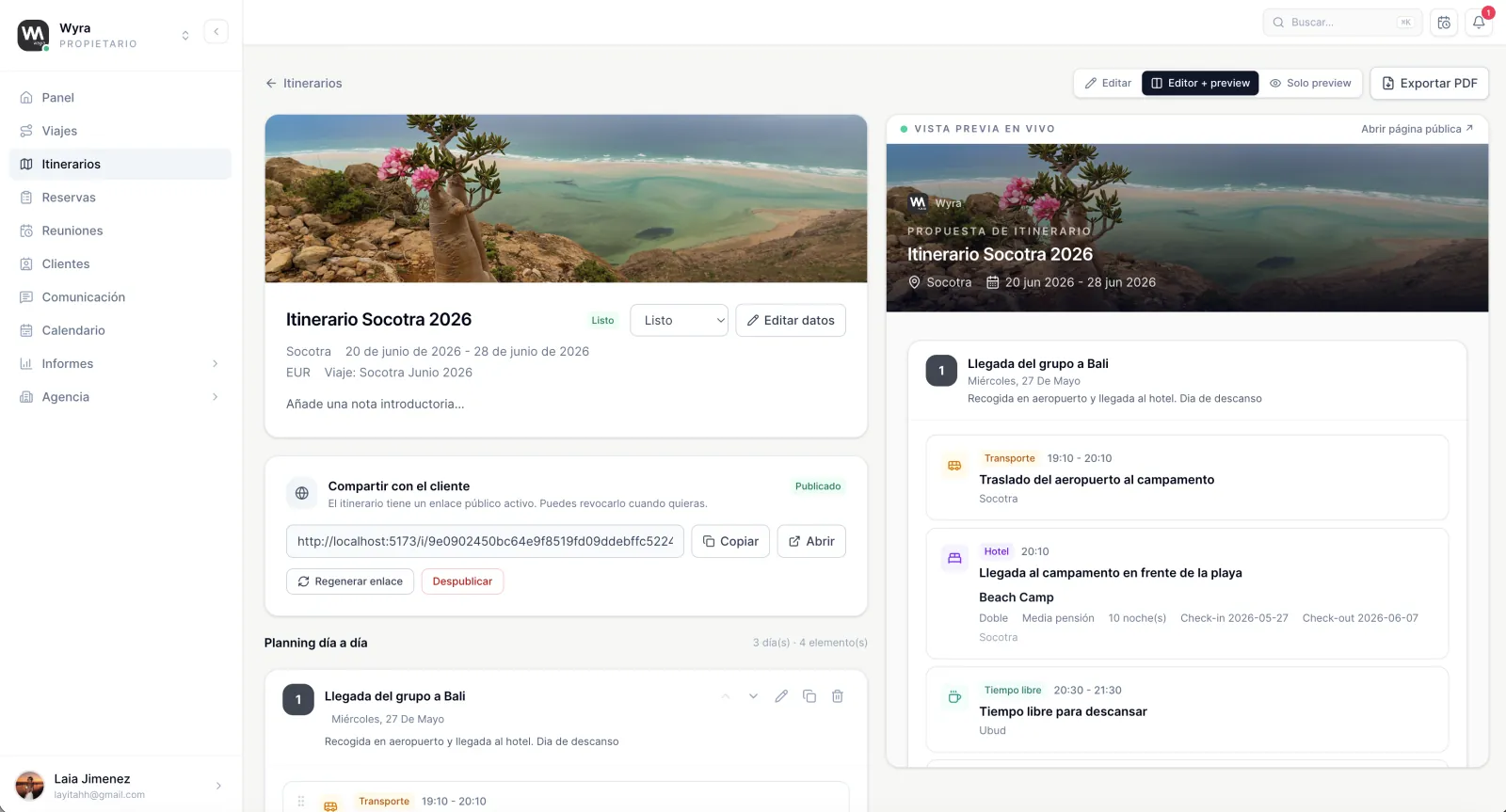 Portal Wyra — Itinerario